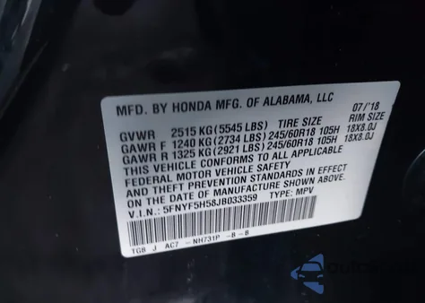 2018 Honda Pilot Ex-L from USA, damaged, VIN 5FNYF5H58JB033359